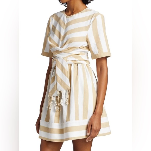 STAUD Hazelnut Stripe York Mini Dress With Pockets & Wrap Detail. Size XS. - Picture 13 of 16